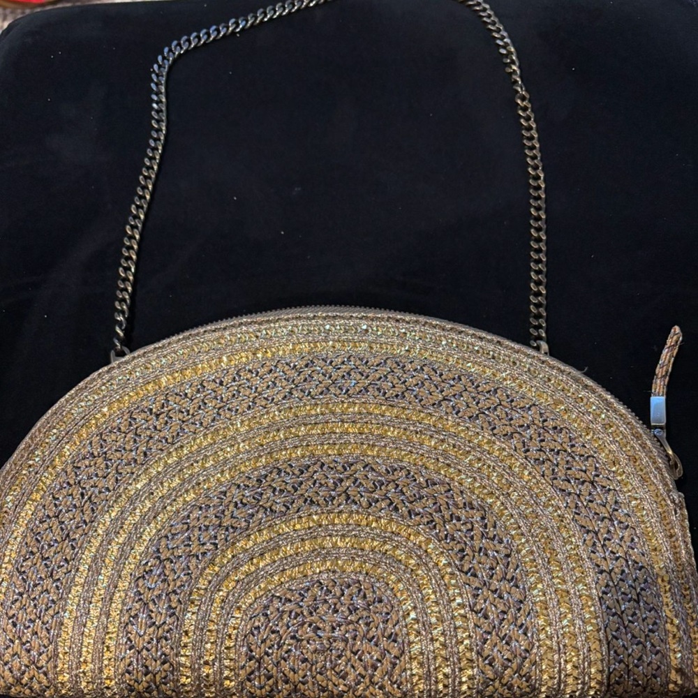 Gold and Brown Crossbody Bag with Unique Round Shape and Woven Design